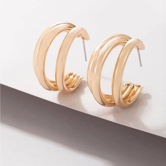 Triple Hoop Huggie Earrings - Picture 2 of 4